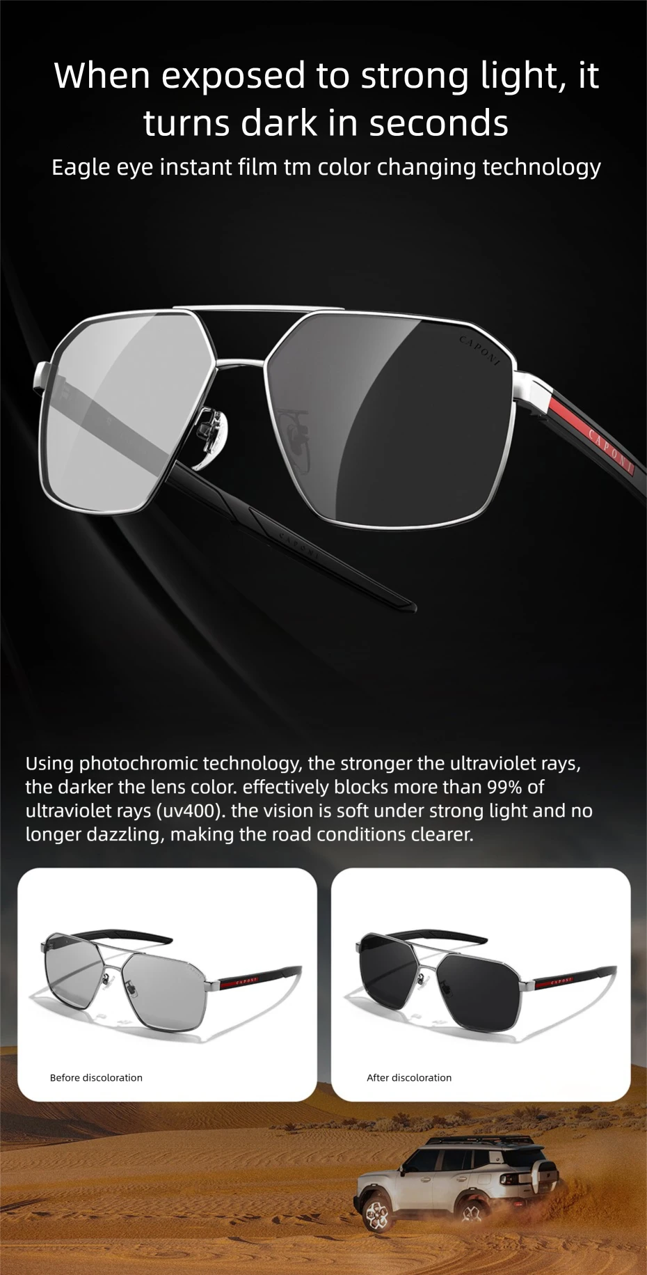 CAPONI HD Polarisierte Männer Sonnenbrille Original Design Hohe Qualität Photochrome Schwarz Sonnenbrille Outdoor Fahrer UV400 Schatten BS23818 – Detail 5