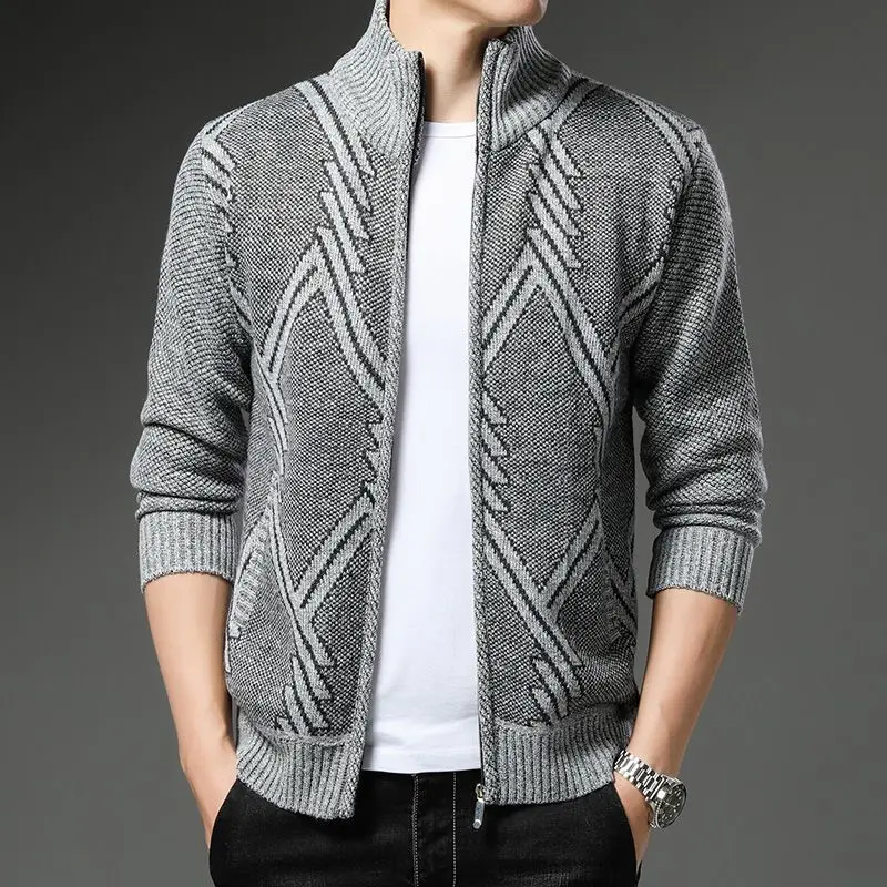 Autumn Winter New Men Stand Neck Stripe Cardigan Sweaters Zipper Casual Korean Male Clothes Fashion Fleece Knitwear Coat Top