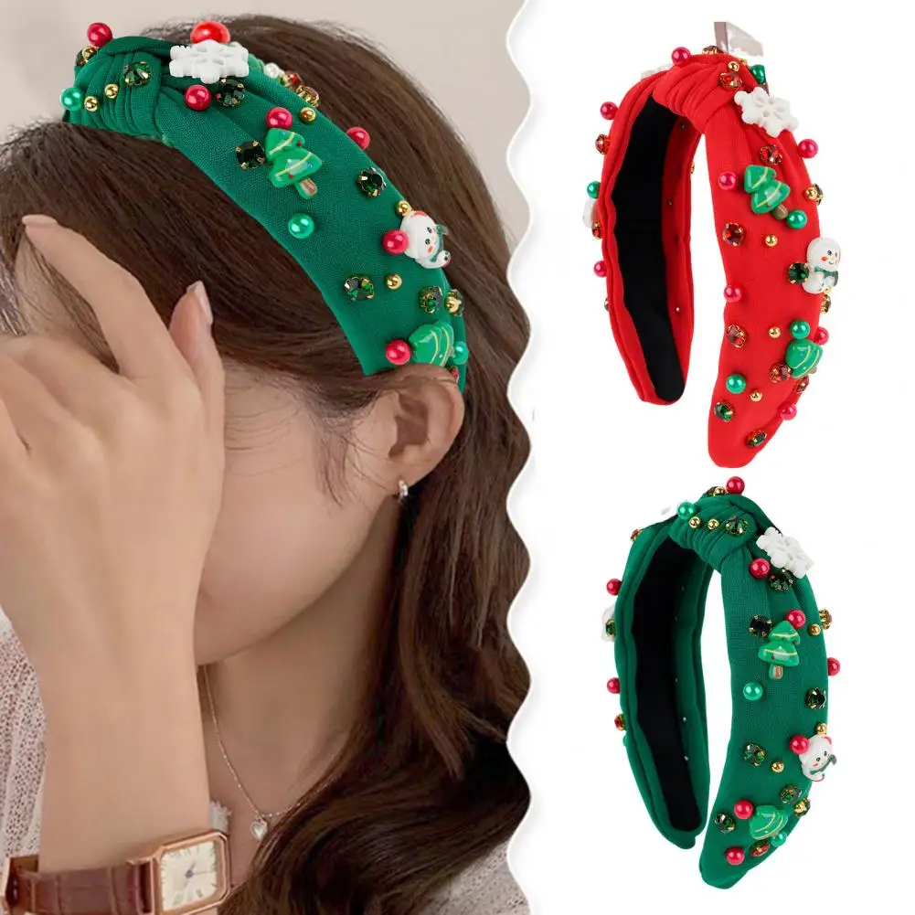 Christmas Headband for Women Knotted Headband with Christmas Tree Crystal Pearl Snowflake Decorations Colorful Festive Headband