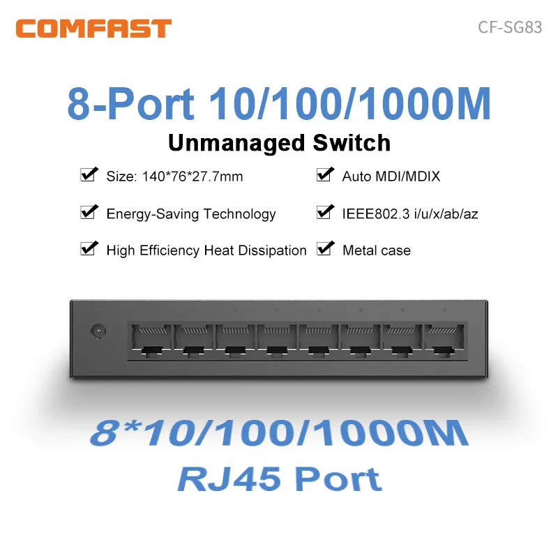 Comfast Gigabit Mini Switch Ethernet 8 Port 1000Mbps Fast RJ45 Hub Network Desktop Network Switcher Plug&Play Internet Splitter