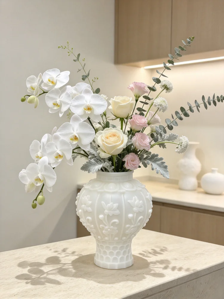 Bohemian Dried Flower Vase, 3D Printed White Petg Material, Pearl Embossed Lotus Relief Pattern, Spherical Narrow-Mouth Octagonal Ruyi Shape, Pastoral Style Neutral Home Decor, Cozy Ins-Style Desktop Decoration, Suitable for Dried Flowers and Artificial Floral Arrangements, Applicable to Living Room, Bedroom, Bathroom, Office, Wedding Scene, Small Apartment Decoration, Creative Flower Vessel