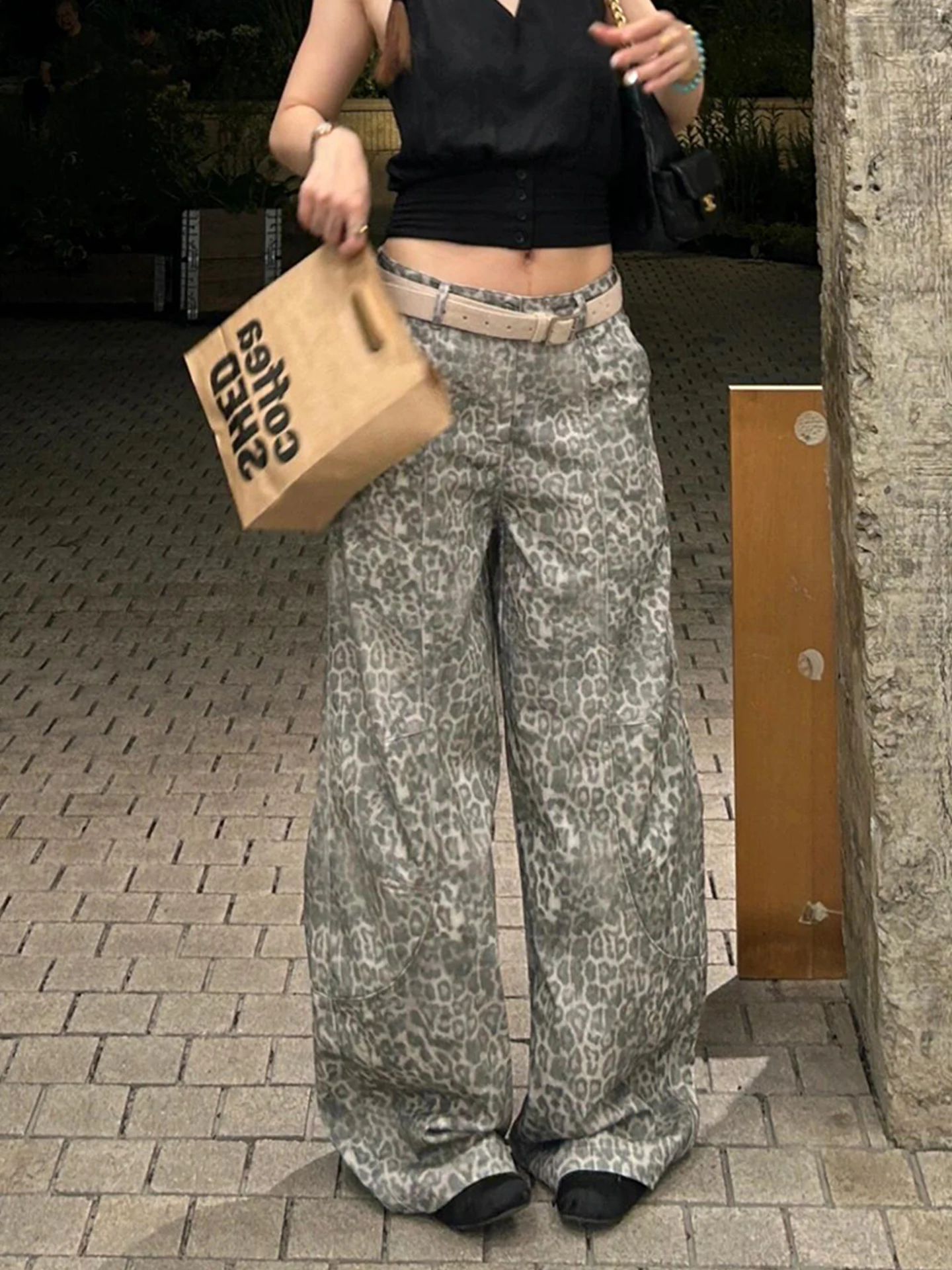 

Широкие свободные джинсы в американском стиле ретро с леопардовым принтом, женские летние длинные брюки с завышенной талией, повседневные брюки с высокой талией