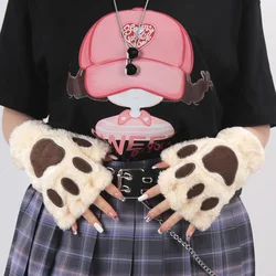 Women Cartoon Cat Claw Gloves Thicken Fingerless Soft Plush Warm Cute Bear Paw Fingers Winter Kawaii Half Finger Mittens