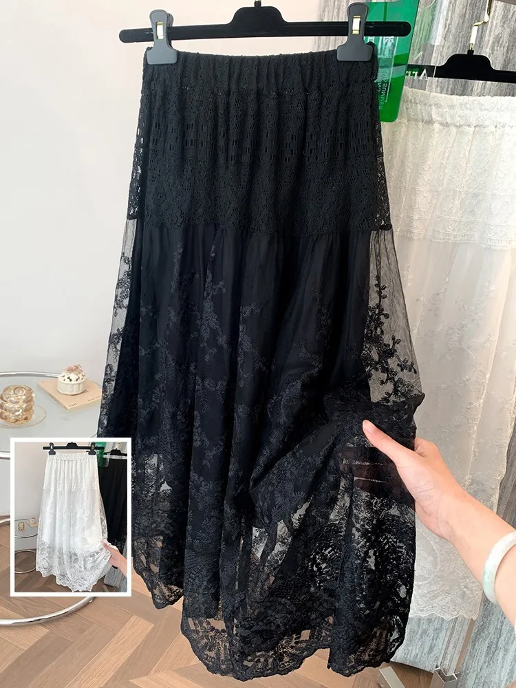 

Художественная милая кружевная вышивка, двухслойная юбка с эластичной резинкой на талии, утягивающая юбка трапециевидной формы, большие размеры, женская одежда