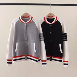 Women's Patchwork Contrast Style Baseball Jacket Autumn Winter New Loose Thick Knitted Vintage Loose Sweaters Coat