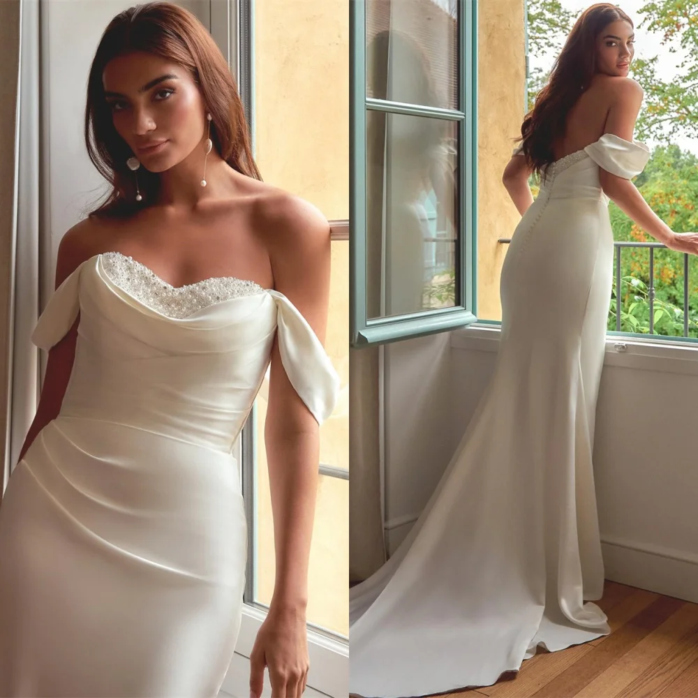 

Customized Pastrol Mermaid Jersey Wedding Dresses Exquisite Off the Shoulder Dresses Heavy Industry Wedding Dresses Court Train