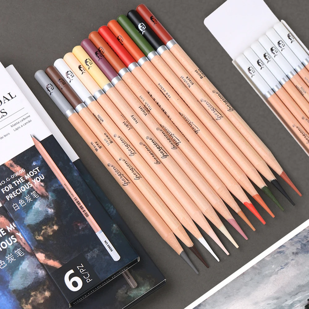 6 Stück weiße Kohle-Skizzenbleistifte, 12 Farben Buntstifte zum Skizzieren – Detail 7