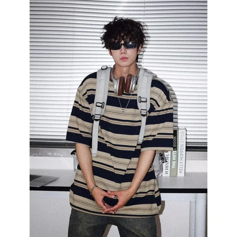 Summer Color-blocked Striped Short-sleeved T-shirt for Men Trendy American Couple's Versatile Loose