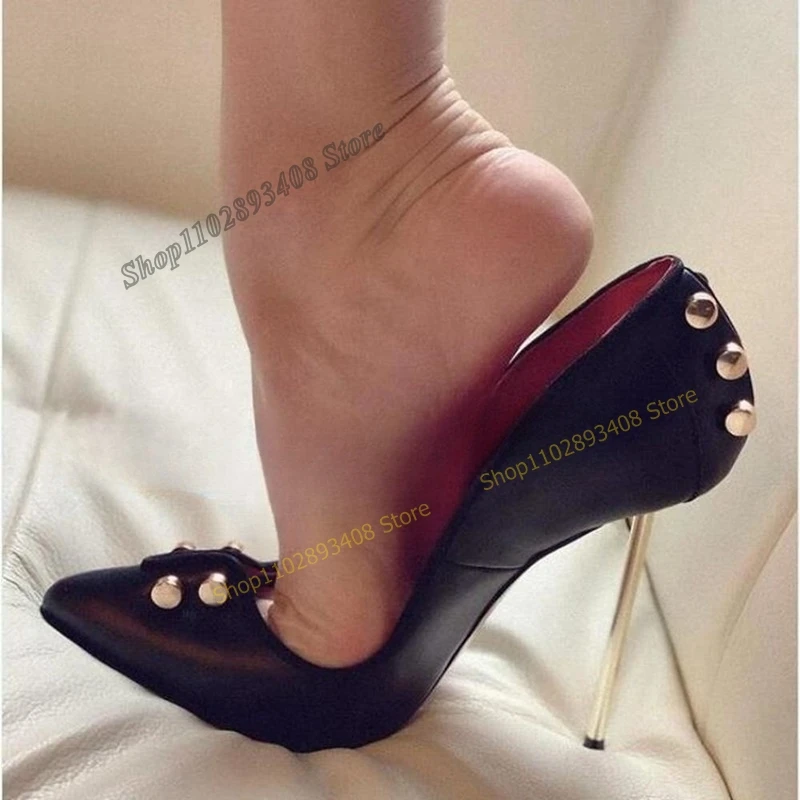 Black Color Rivet Crystal Decor Pumps Pointed Toe Metal Stilettos High Heel Women Shoes 2023 Fashion Sexy Zapatos Para Mujere