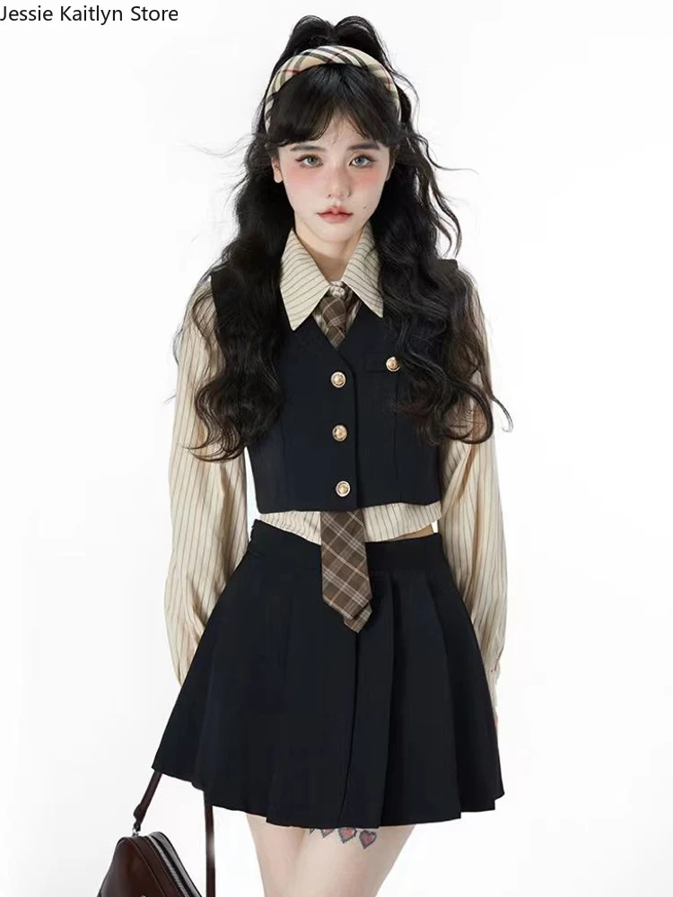 Japanese Style Kawaii School Uniform Korean Cute Girl Anime Cosplay JK Uniform 2023 Autumn Knitting Vest and Pleated Skirt Sets