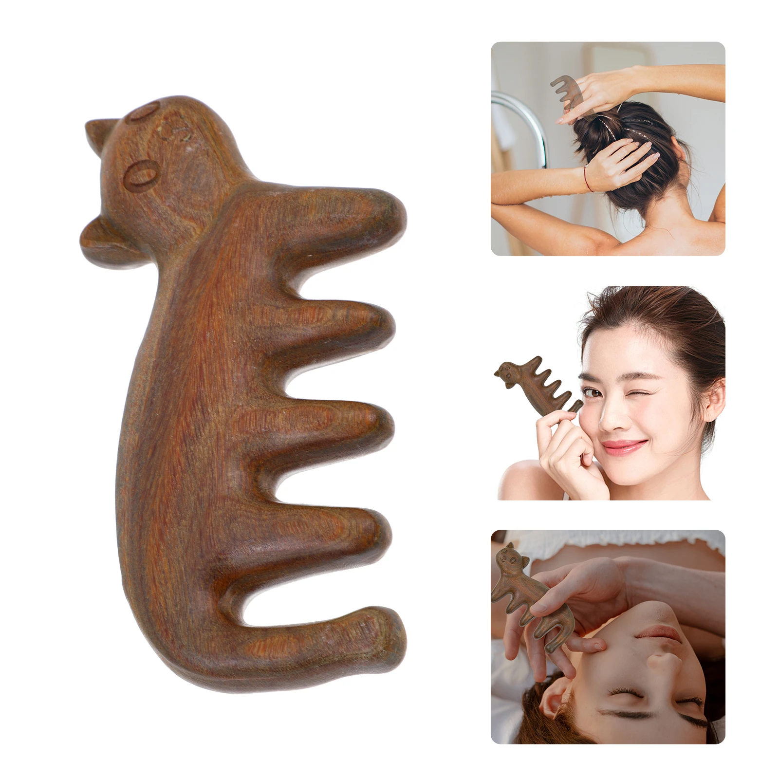 

Green Sandalwood Comb Kitten Design Scalp Massager Home Use Stress Relief Acupoint Tool Wide Tooth Gua Ergonomic Head
