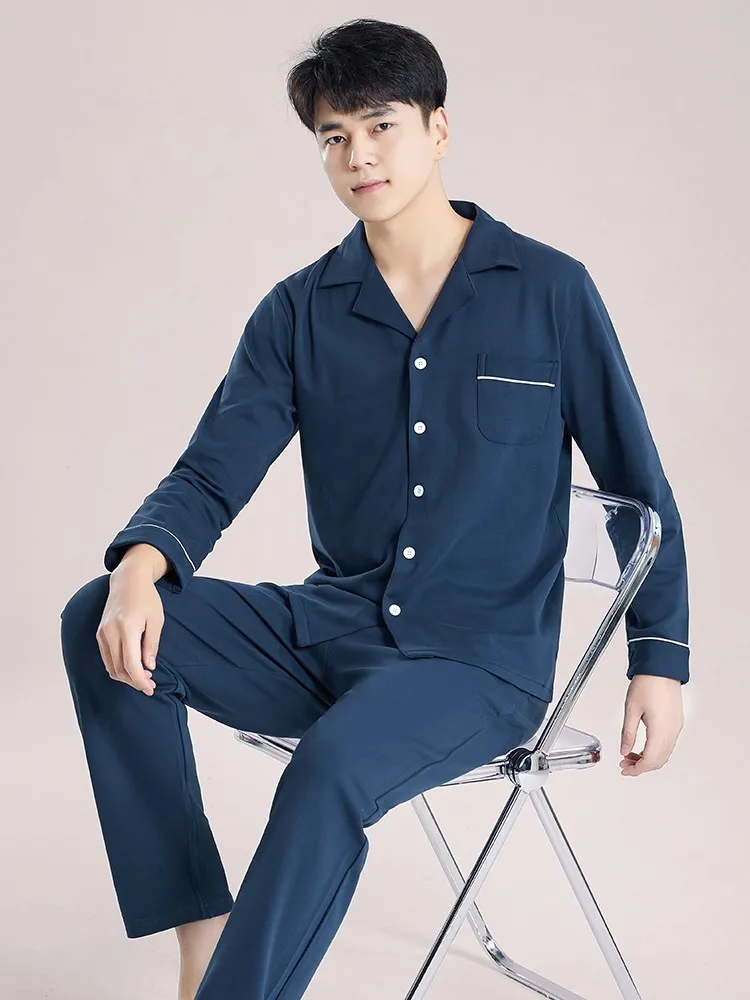 

Cotton Pajamas for Men Blue Bedroom Clothes Winter Pijama Hombre Button-Down Sleepwear Cotton Home Clothes PJ Set Warm Pyjama