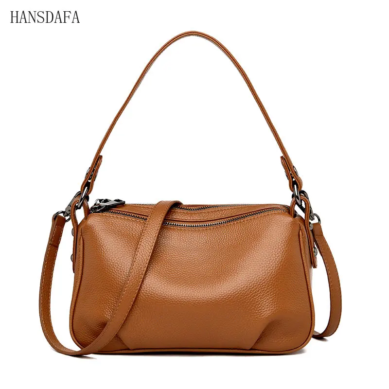 

High Quality 2 Layer Genuine Leather Shoulder Crossbody Bags For Women 2023 Solid Color Cow Leather Ladies Handbag Messenger Sac