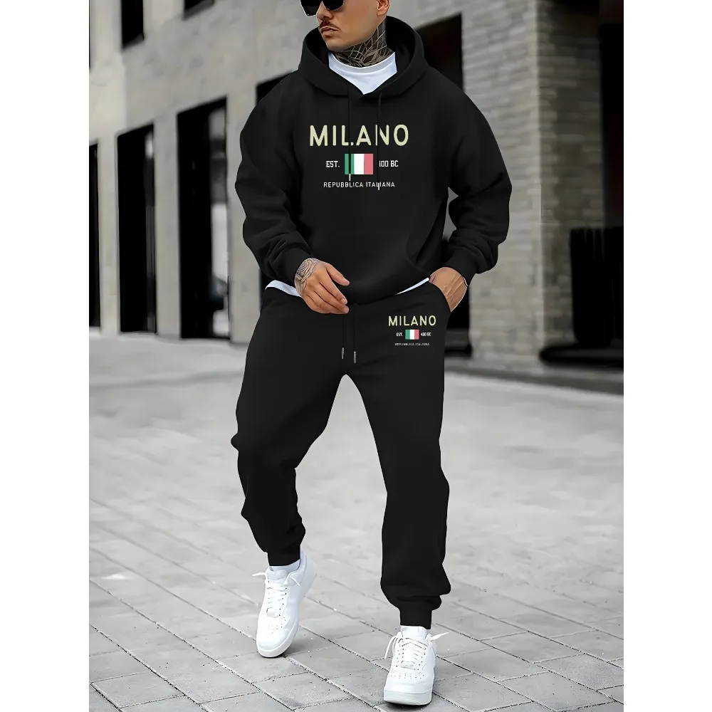 Men'S Hooded Sweatshirt and Sweatpants Set, Sports Tracksuit Pattern, Winter Jogging Suit with Pockets Fitness Workout Clothing