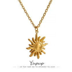 Yhpup Stainless Steel Golden Casting Sun Pendant Necklace Waterproof Simple Fashion Metal Texture Trendy Jewelry for Woman