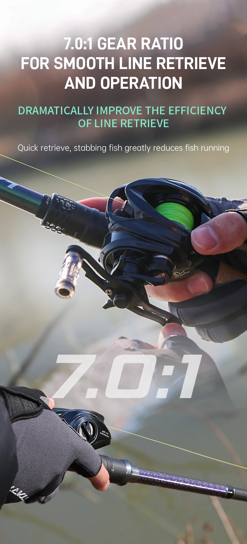 Baitcasting-Angelrolle Leichtgewichtiger Kohlefaser-Rahmen 7,0:1 Übersetzungsverhältnis 4kg Bremskraft Flache Spule Kleinfisch-Angeln VENOM – Detail 8