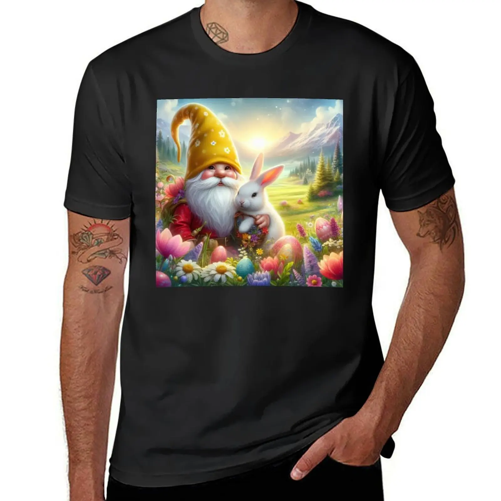 

easter gnome with yellow hat with rabbit and flowers magical landscape T-Shirt plus size tops boys animal print clothing for men