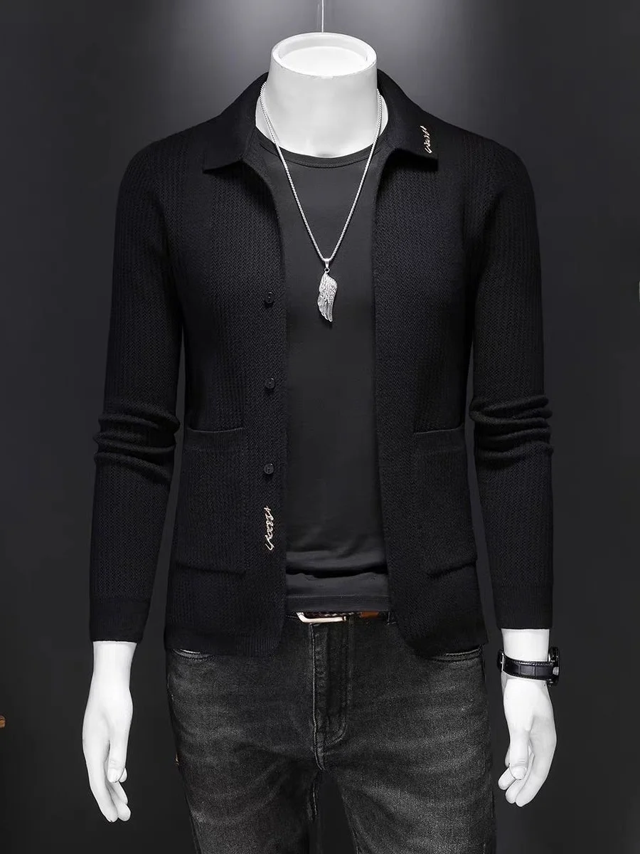 

Ele Men's Knitted Cardigan Long Sve Embroidered Lapel Sweater Versatile Casual Faion Outerwear Comfortable Breathable
