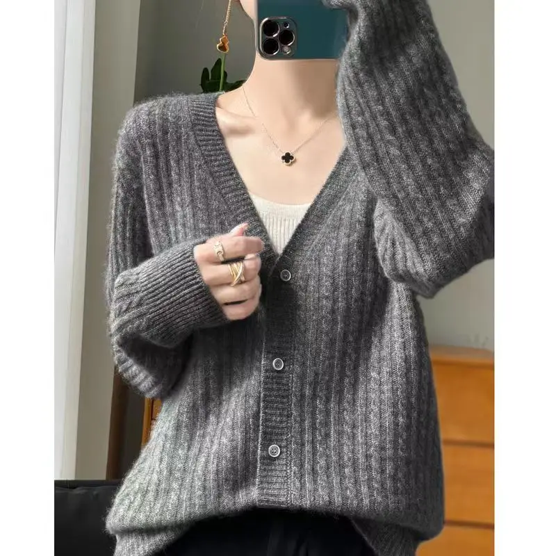 V-Neck 100% Pure Wool Cardigan Women\'s Long Sleeved Solid Color Cashmere Knitted Hollow Loose And Fashionable Knitted Top