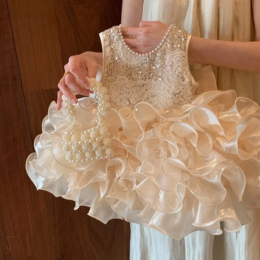 Vestido de princesa para niña, nuevo vestido de verano con perlas brillantes para niña, vestido de cumpleaños y primer año con decoración en la espalda con lazo, 2025