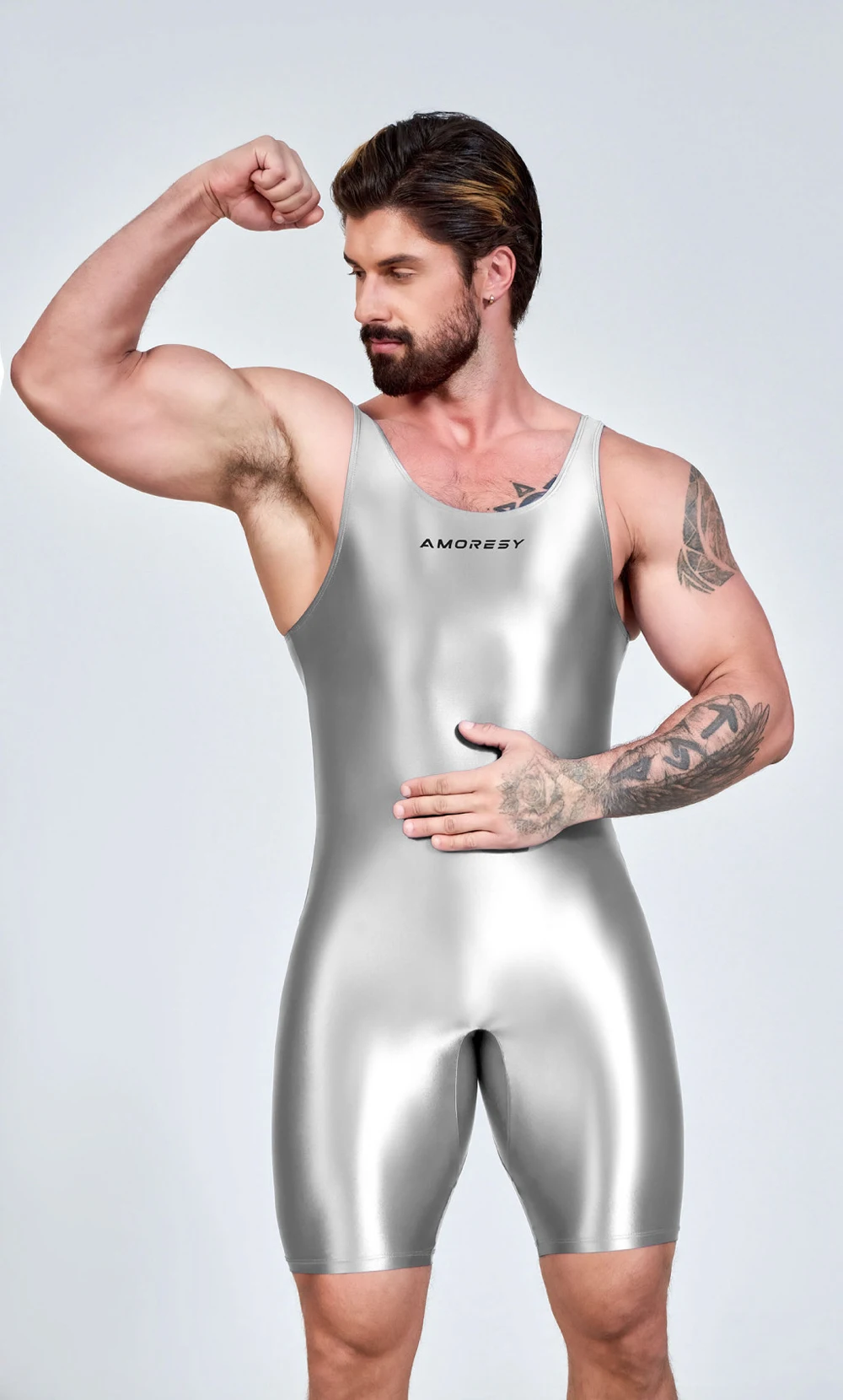 AMORESY Herren Sexy Glänzender, glatter Bodybuilder-Singlet, ärmellos, zum Laufen, Catsuits, Fitness, Yoga, Sport, Overall, Radfahren, einfarbig, eng anliegend – Detail 25