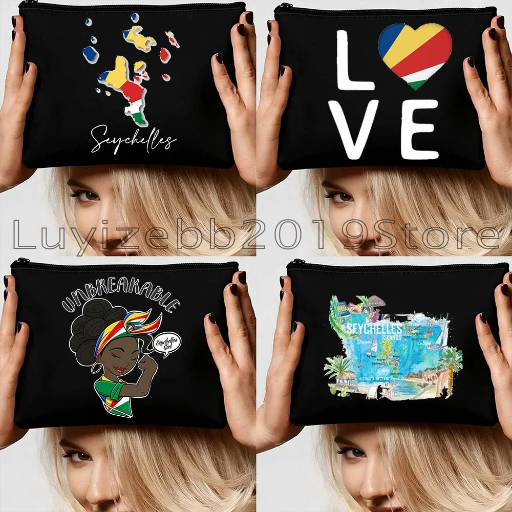 

Seychelles Map Flag Seychelles Girl Beach Palm Trees Travel Gifts Canvas Cosmetic Bag Makeup Toilet Bag Pencil Case Zipper Pouch