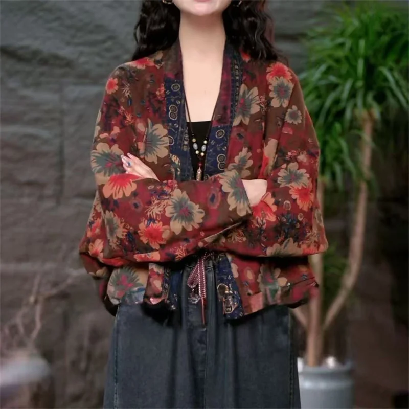 Chinese style Spring Autumn Double Sided Coat Women Loose Long Sleeved 2026 Short Jacket Printed Cardigan Top Casual Jacket