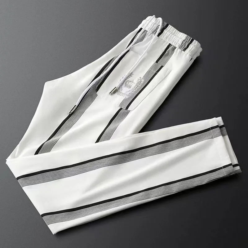Light Luxurious European Striped Men's Casual Pants Summer Ice Feel New Trend Slim Fit Thin Fashion Embroidered Trousers for Man