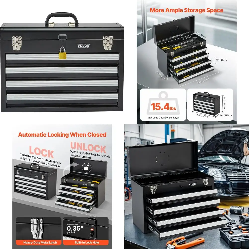 

Portable 20.5 Metal Toolbox with 4 Drawers, EVA Foam Liners, Ball Bearing Slides, and Locking Mechanism, Durable Powder Coated F