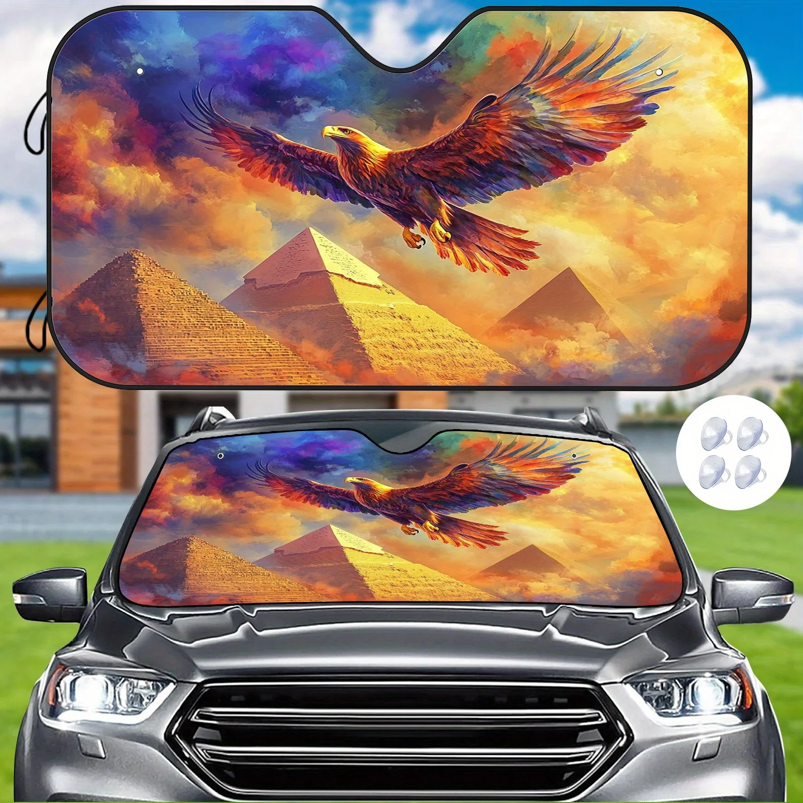 

1pc Vibrant Eagle & Pyramids Sunset Design Car Sunshade - Heat-Resistant Durable UV Protection Windshield Cover For All-Season C