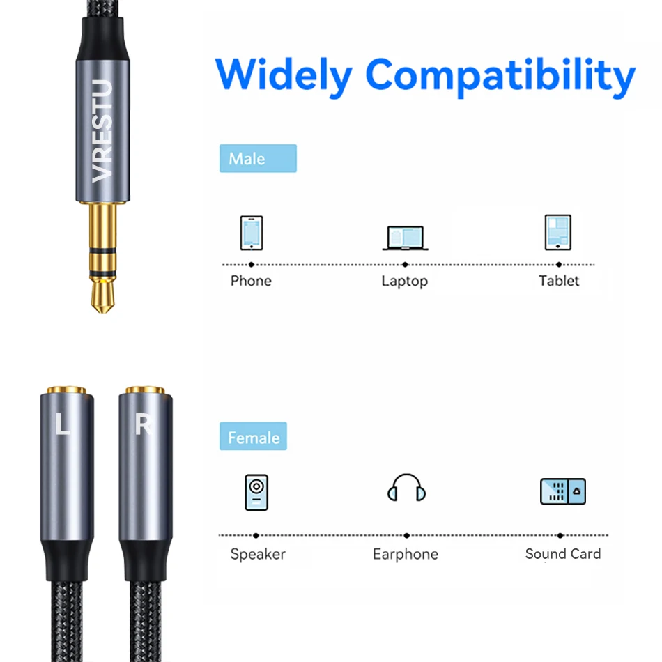 3.5mm Y Splitter Audio Line Male to Female Left Right Dual Channel Wire Surround AUX Convertor for Sound Card Speaker L R Divide