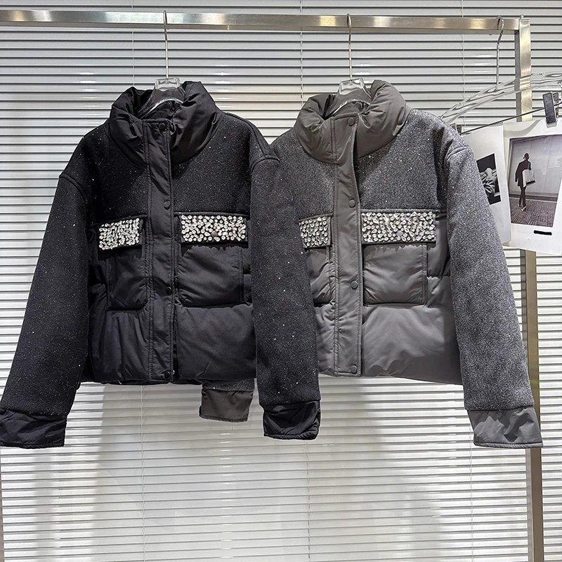 Fashionable Splicing Shining Fabric Nail Bead Pockets Warm Cotton Jackets 2025 Winter New Women Casual Versatile Coat