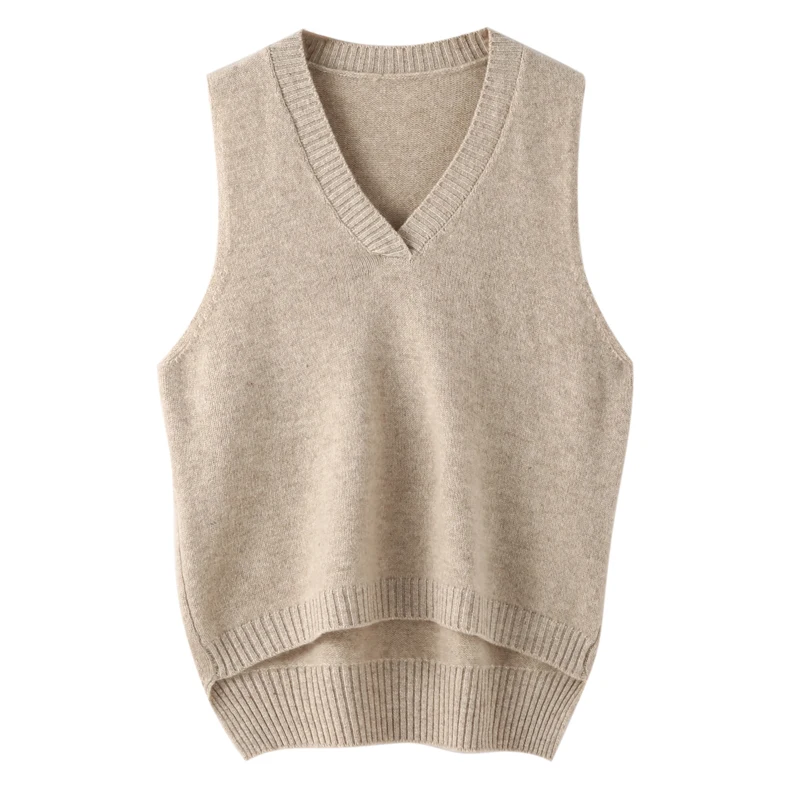 Women V-neck Vest Pullover Autumn Winter 100% Merino Wool Sweater Sleeveless Knitwear Irregular Hem Cashmere Waistcoat Clothing
