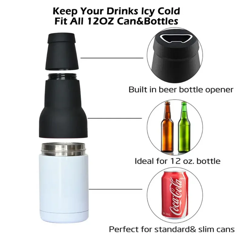 Creative Sublimation White Stainless Steel Double Wall Vacuum Beer Can Cooler Opener 3in1 Outdoor Bar Home Decor Gift Novelty