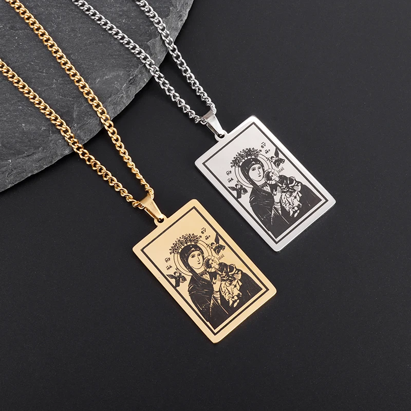 Men Women High Quality Christian Virgin Mary Portrait Square Plaque Pendant Religious Necklace Bodyguard Prayer Jewelry