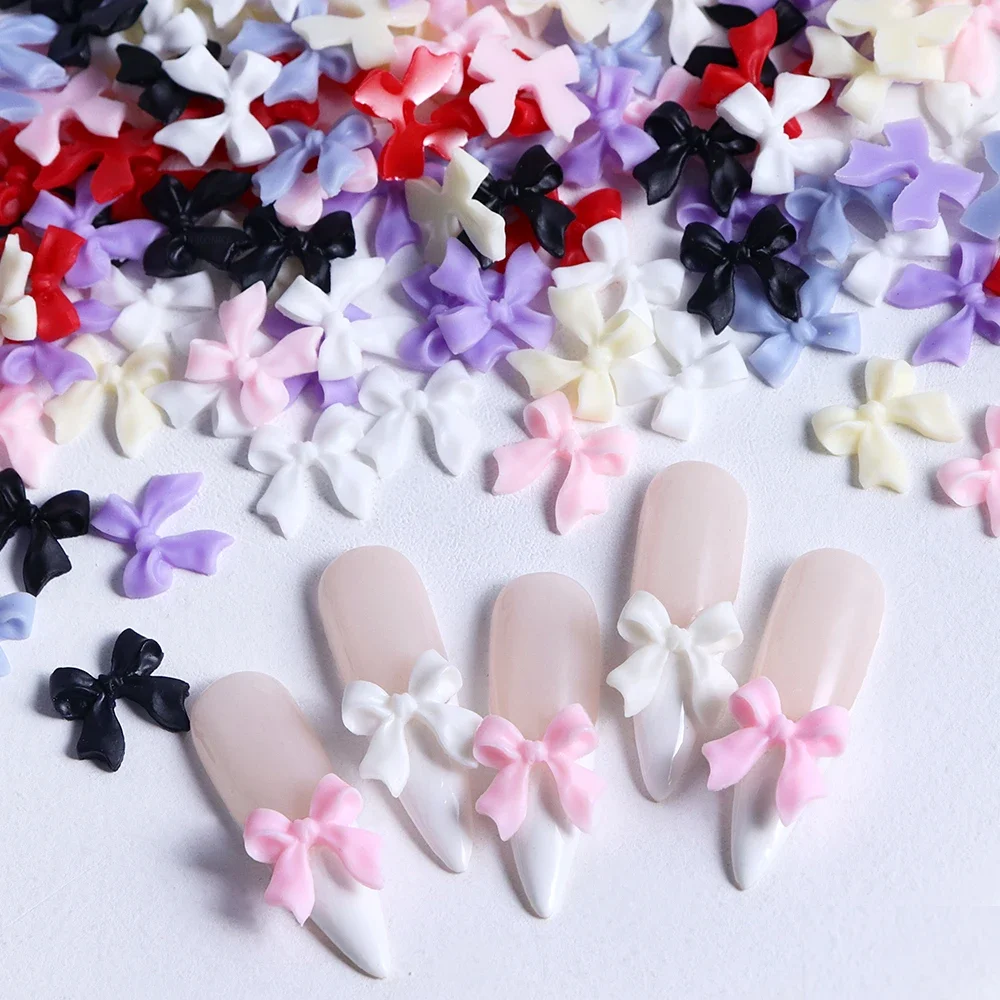 100pcs Pink White Ribbon Bow Nail Charms Korean Parts Black Nail Art Tie Decoration Kawaii Accessories Manicure Design Supplies