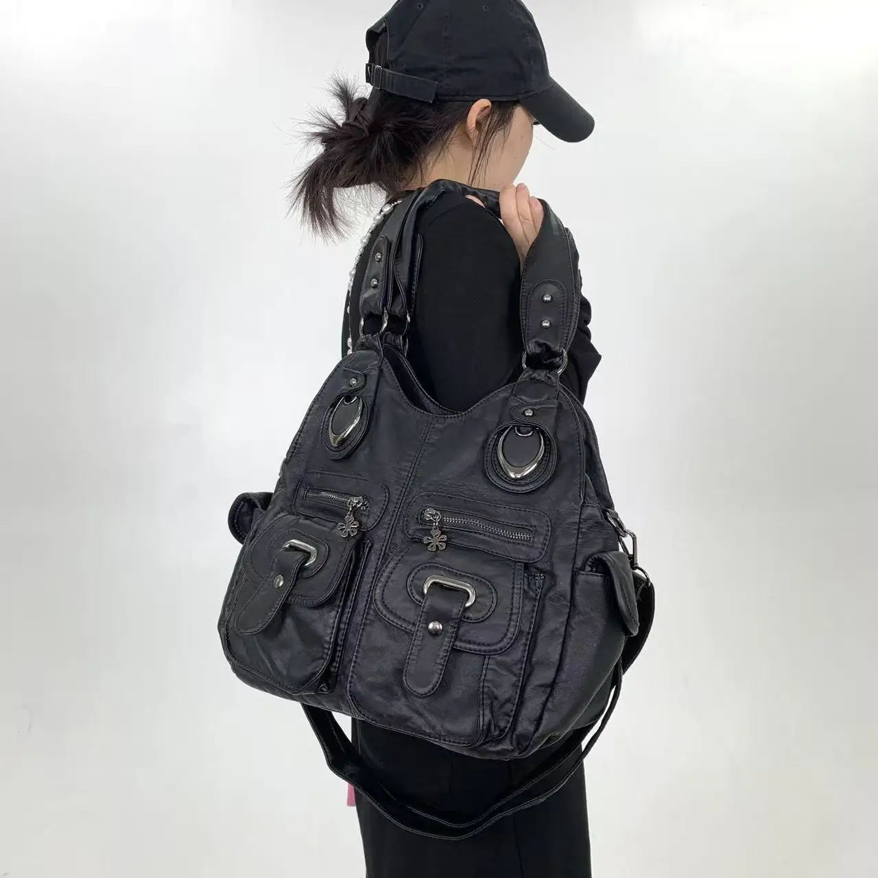 

Винтажные сумки через плечо Y2K для женщин, вместительные сумки и клатчи из искусственной кожи с множеством карманов