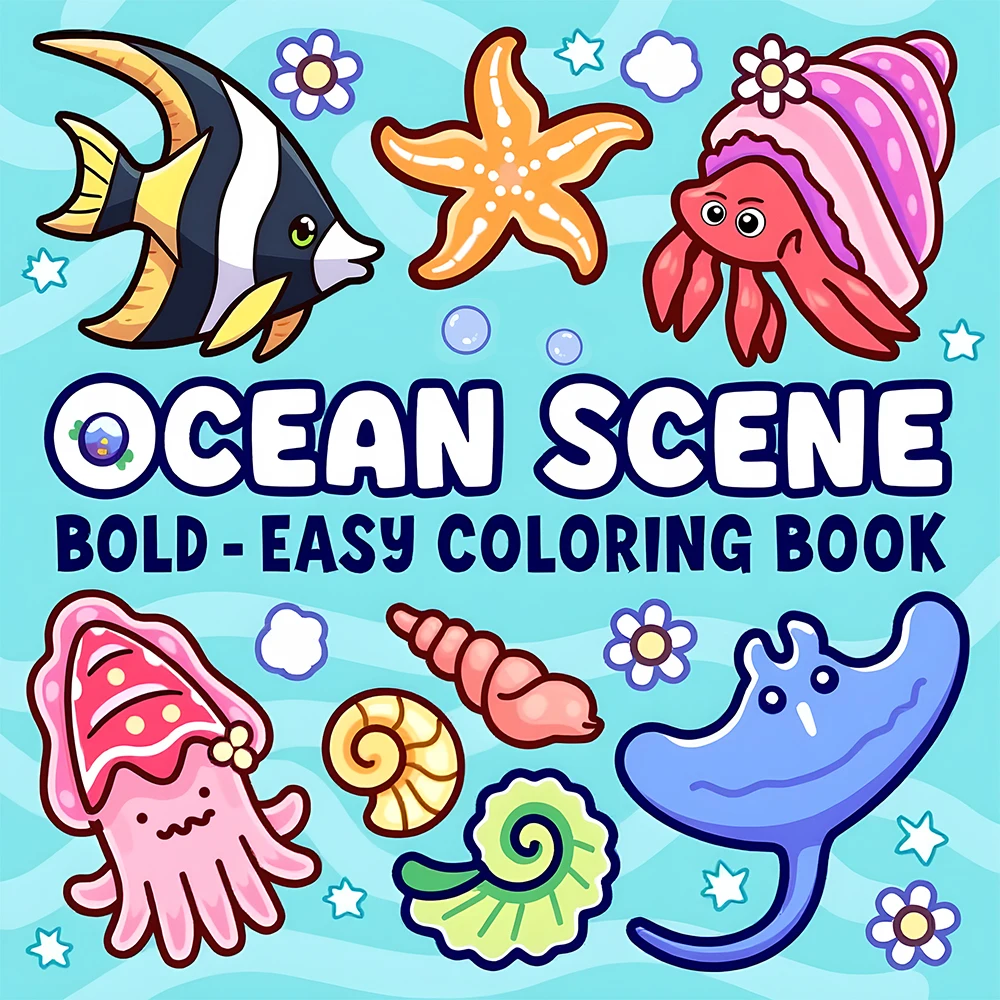 OCEAN SCENE Bold-easy Patterns Coloring Book for Adults Cute Drawing Book Perfect Gift for Party and Birthday