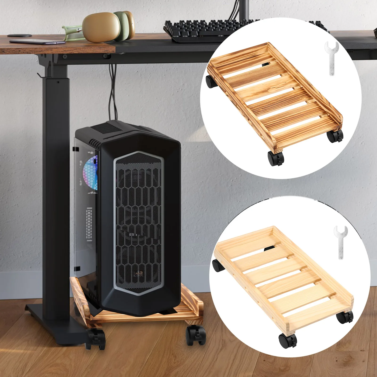 

Computer Tower Stand Wood Computer Stand Cart with Wheels Ventilated Mobile CPU Stand Open Frame Design PC Case Stand Under Desk