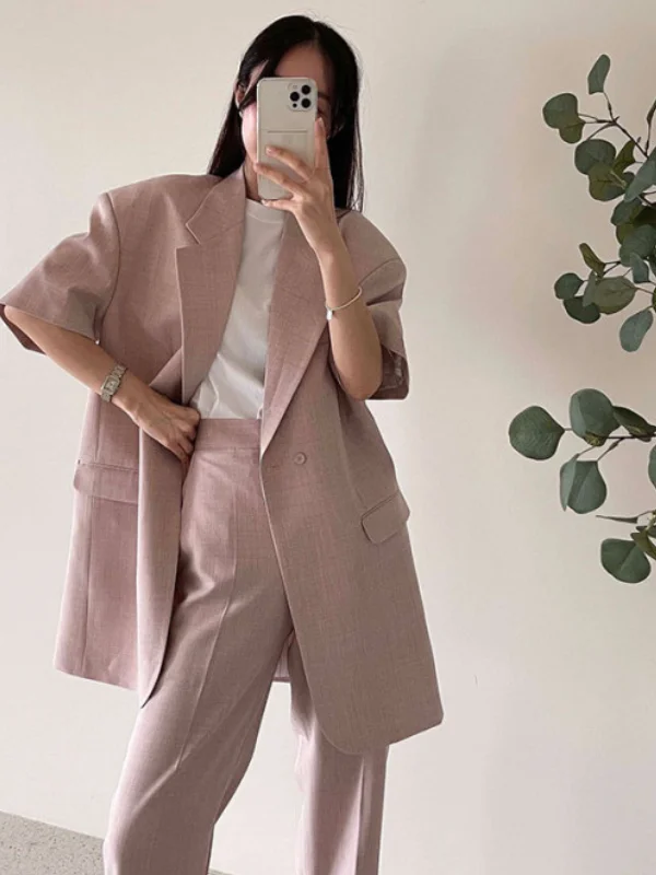 

Ele Double-Breasted Women's Suit Jaet Summer New Sle Casual High Waist Pants Pure Color Commute ort Sve Regular Fit