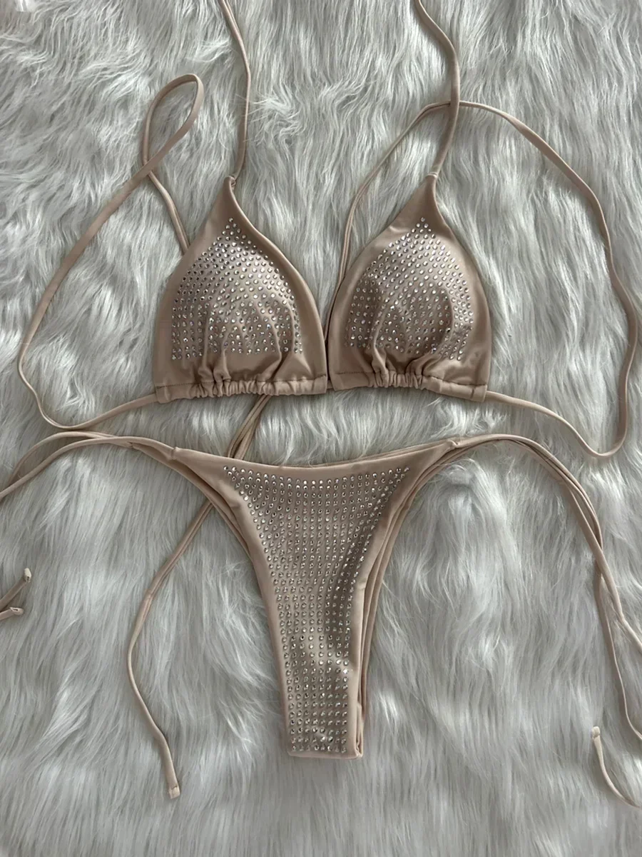 Brilhante lantejoulas diamante biquíni feminino maiô de duas peças conjunto de biquíni envoltório em torno do halter maiô nadar beach wear