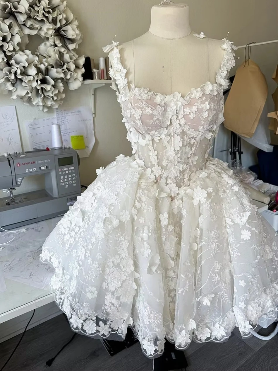 Strapless 3D Floral Lace Short Wedding Dress Illusion Corset Bodice Puffy Tulle Mini Skirt with Detachable Train Fairy Gown