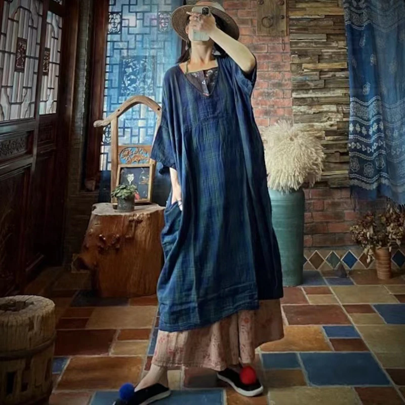 Oversized Women Casual Linen Dress New Arrival 2026 Summer Vintage Style V-neck Plaid Pattern Loose Female Long Dresses M2643