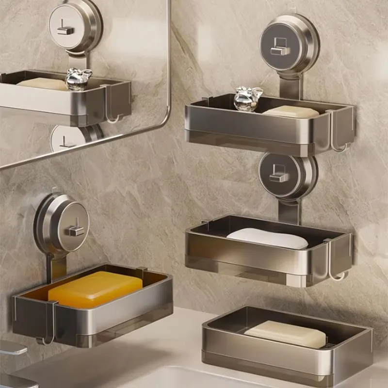 Bathroom Suction Cup Soap Box Wall-mounted Space Aluminum Rack Toilet Soap Box Drain Rack Washroom Washing Table Storage