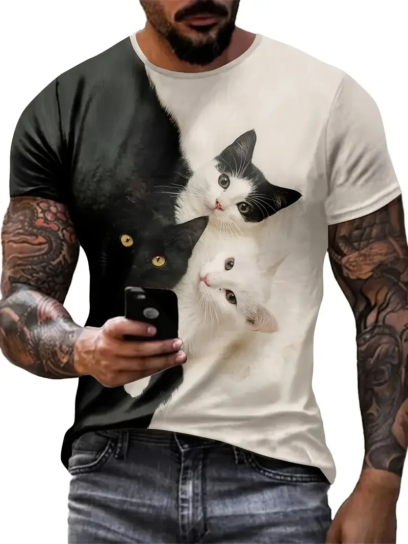 Men's T Shirt 3d Contrast Color Cute Cat Pattern T-Shirt Crew Neck Short Sleeve Outdoors Oversized Clothing Leisurewear