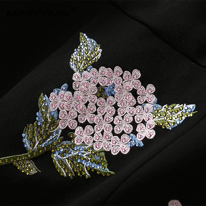 MARYYIMEI Autumn Women Dress Beaded turn-down collar Rose Embroidery Hot drilling Black Slim Package hip Elegant Mermaid Dresses