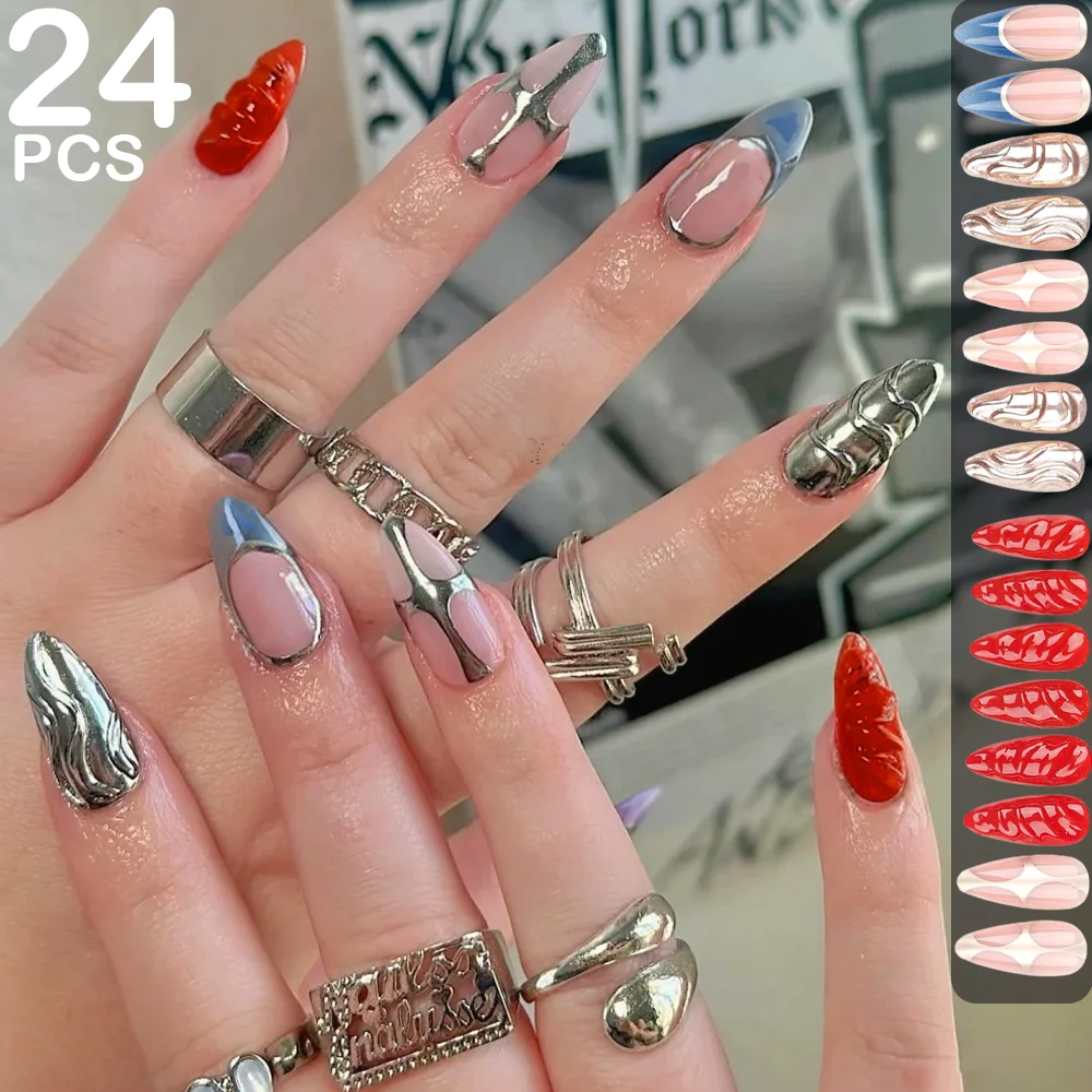 

24Pcs Y2K Press On Nails 3D French Long Almond False Nails Punk Rock Metallic Color Cool Girls Women Wearable Fake Nails