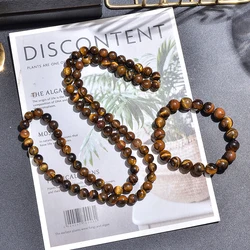 8mm Yellow Tiger Eye Choker Necklace for Men and Women Beaded Long Necklace Jewelry Bracelet Set