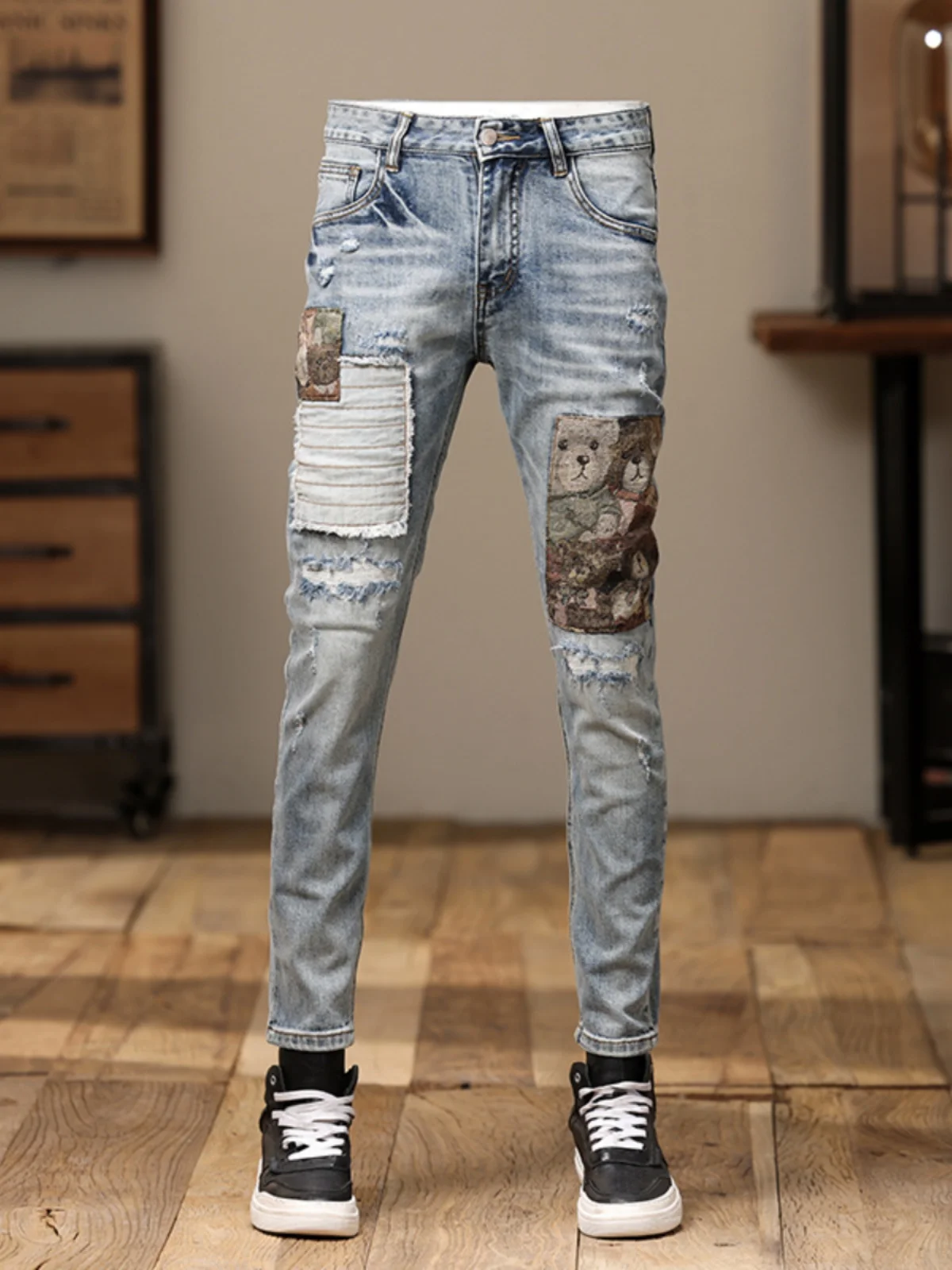 

High-End Men's Distressed Jeans Casual Slim Fit Cotton Stretch Denim Patchwork Embroidery Brand Washed Trendy Leggings