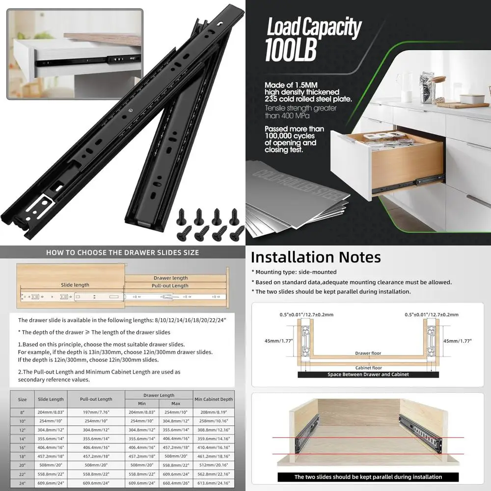 

Universal Extension Ball Bearing Slides for 8-24 Inch Cabinets, 100 LB Load Capacity, Side Mount, Metal Runners, Kitchen Trash C